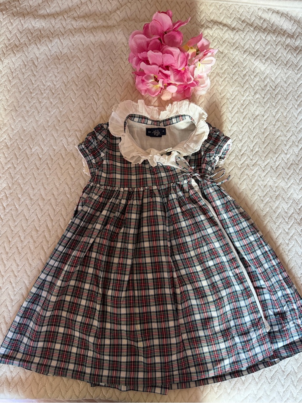 🦋Ralph Lauren Girls' Plaid Dress with Ruffle Collar - Pink/Green/White